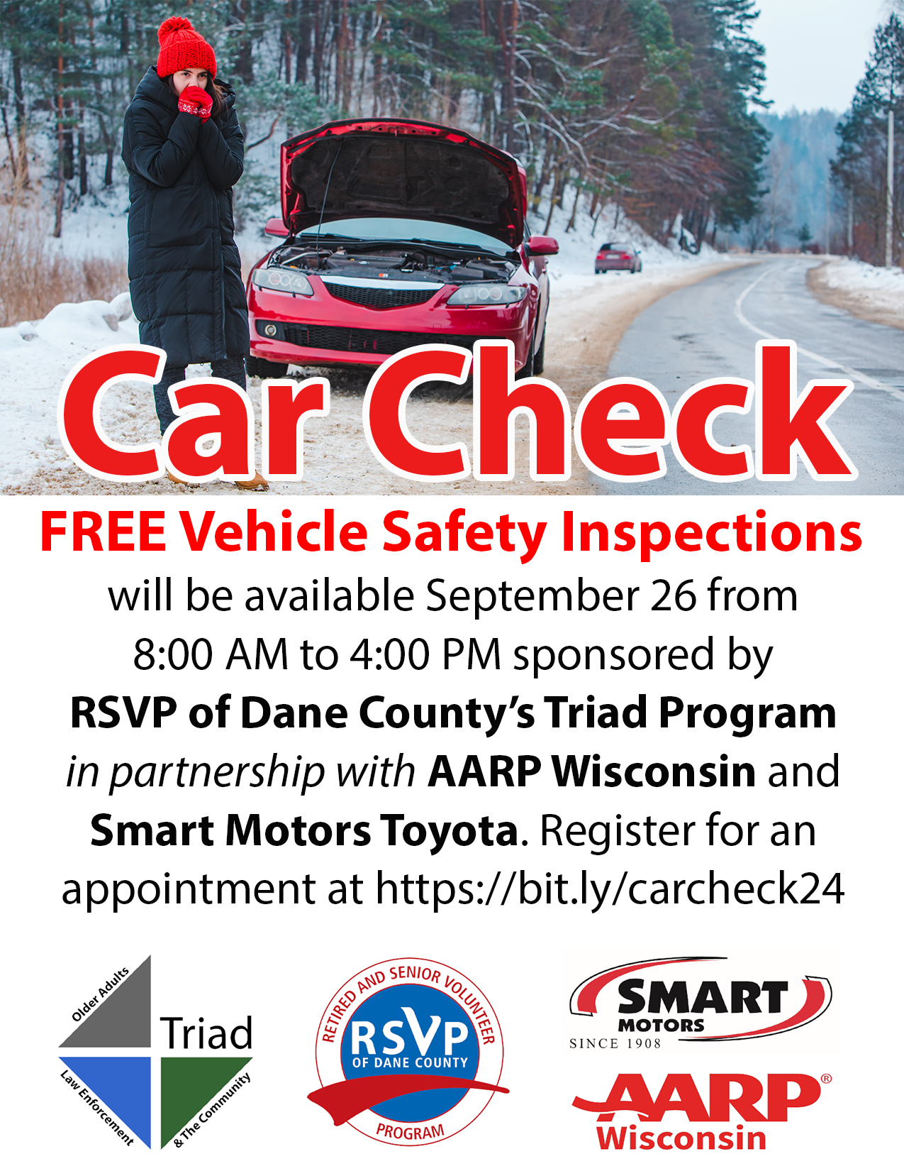 FREE Car Check 2024 vehicle safety inspections, September 26 from 8 to 4.